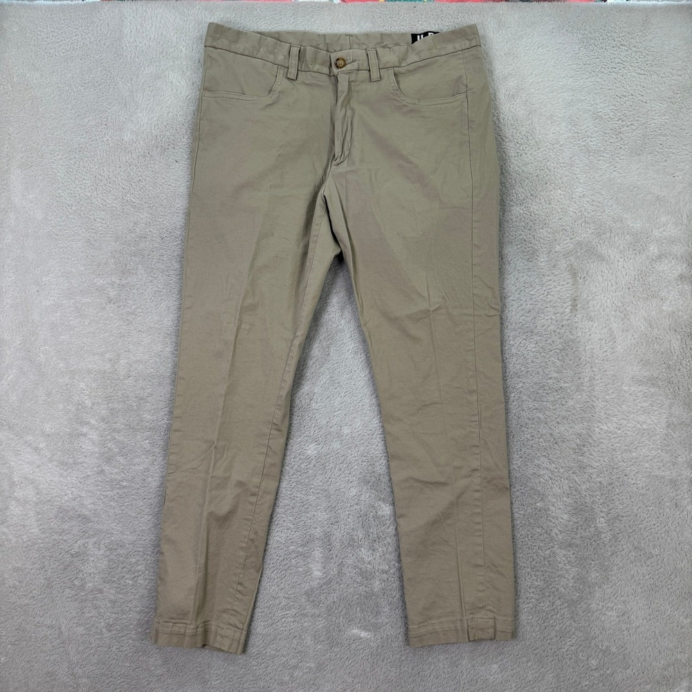 U-510 Mens 32x26 Slim Fit Stretch Chino Pants Khaki Tan Tapered Leg Casual EUC
